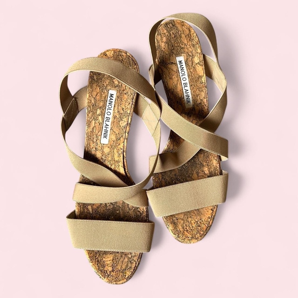 Authentic Manolo Blahnik Terwe Beige Elastic Cork Wedge Sandals size: 39.5/ US 9